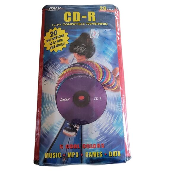 New Sealed PNY Technology CD-R 20pk with 5 Cool Colors with Wallet Music Media - Picture 1 of 8
